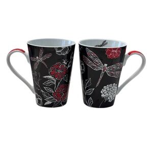 Konitz Black Floral Dragonfly Porcelain Mugs Set of 2